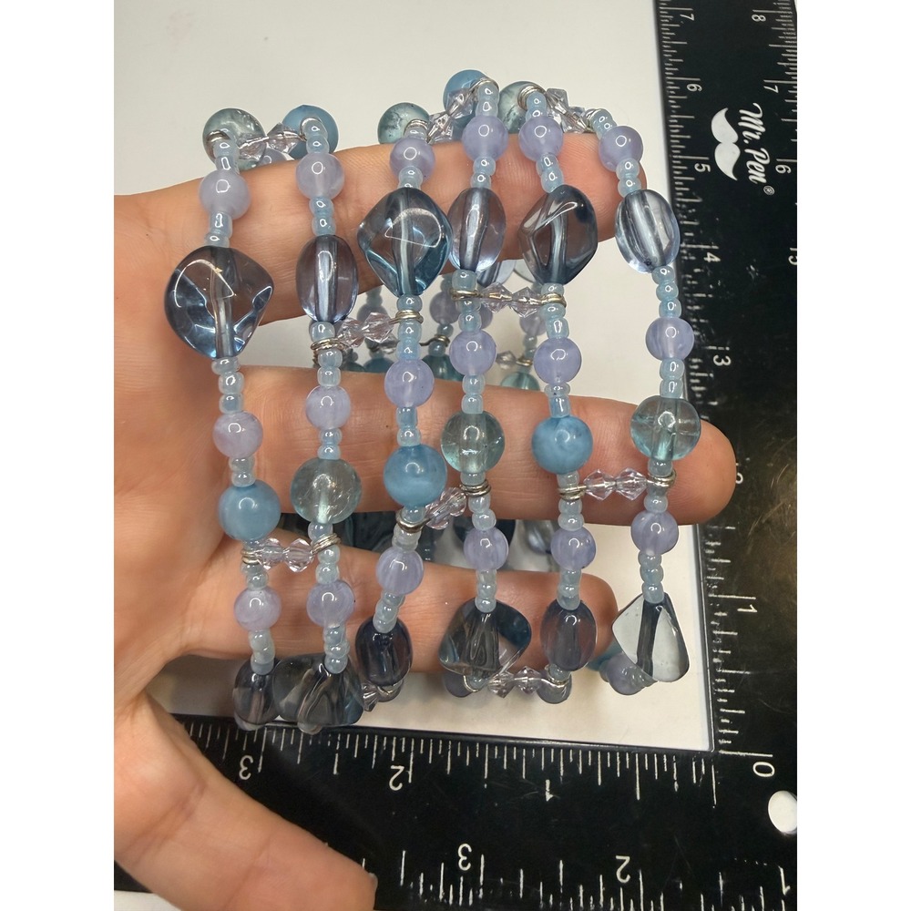 Blue Lavender Glass Bead Multi Layer Memory Wire Wrap Coil Stack Bracelet